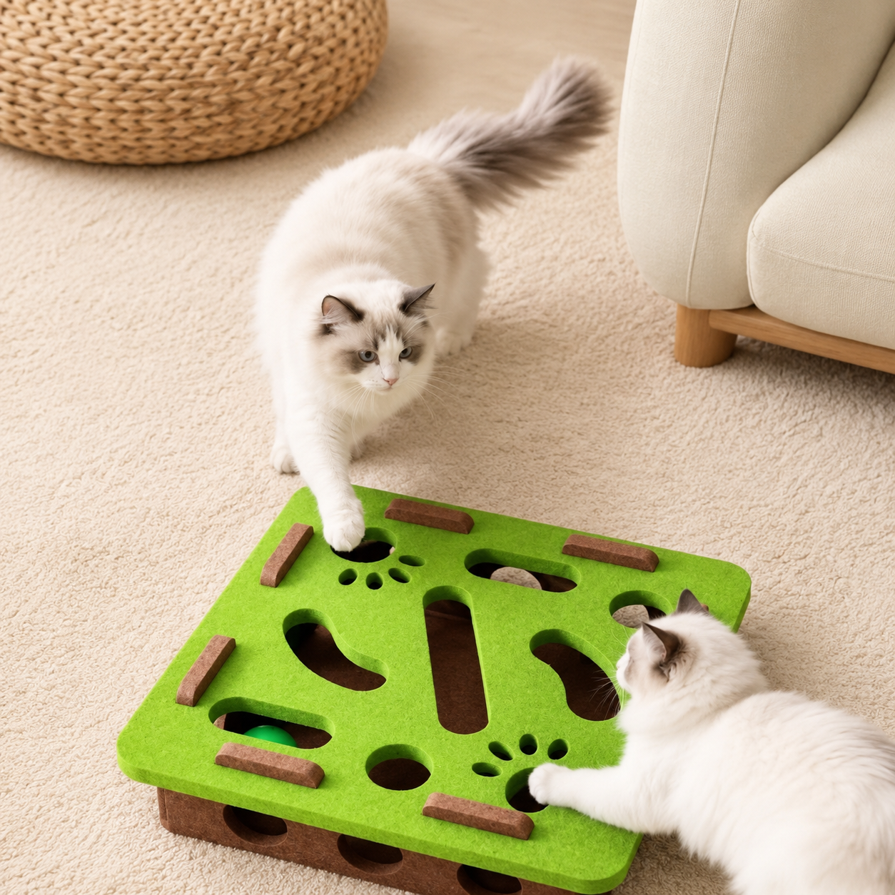 Cat playing with PurrMaze interactive felt puzzle toy